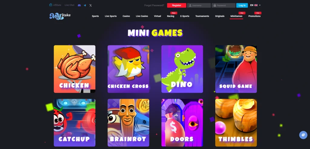 Interface of Mystake casino showing mini-games section